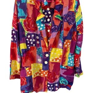 80s Colorblock Floral Polka Dot Button-Front jacket and Blouse - (2 piece)
